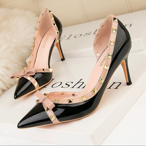 Black Shoes Bowtie Cut Out Sexy Studded Pumps 3" Heels Pointed Toe Rock Size 8 - Picture 1 of 3